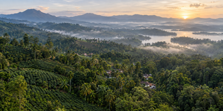 Misty green hills and plantations across Wayanad