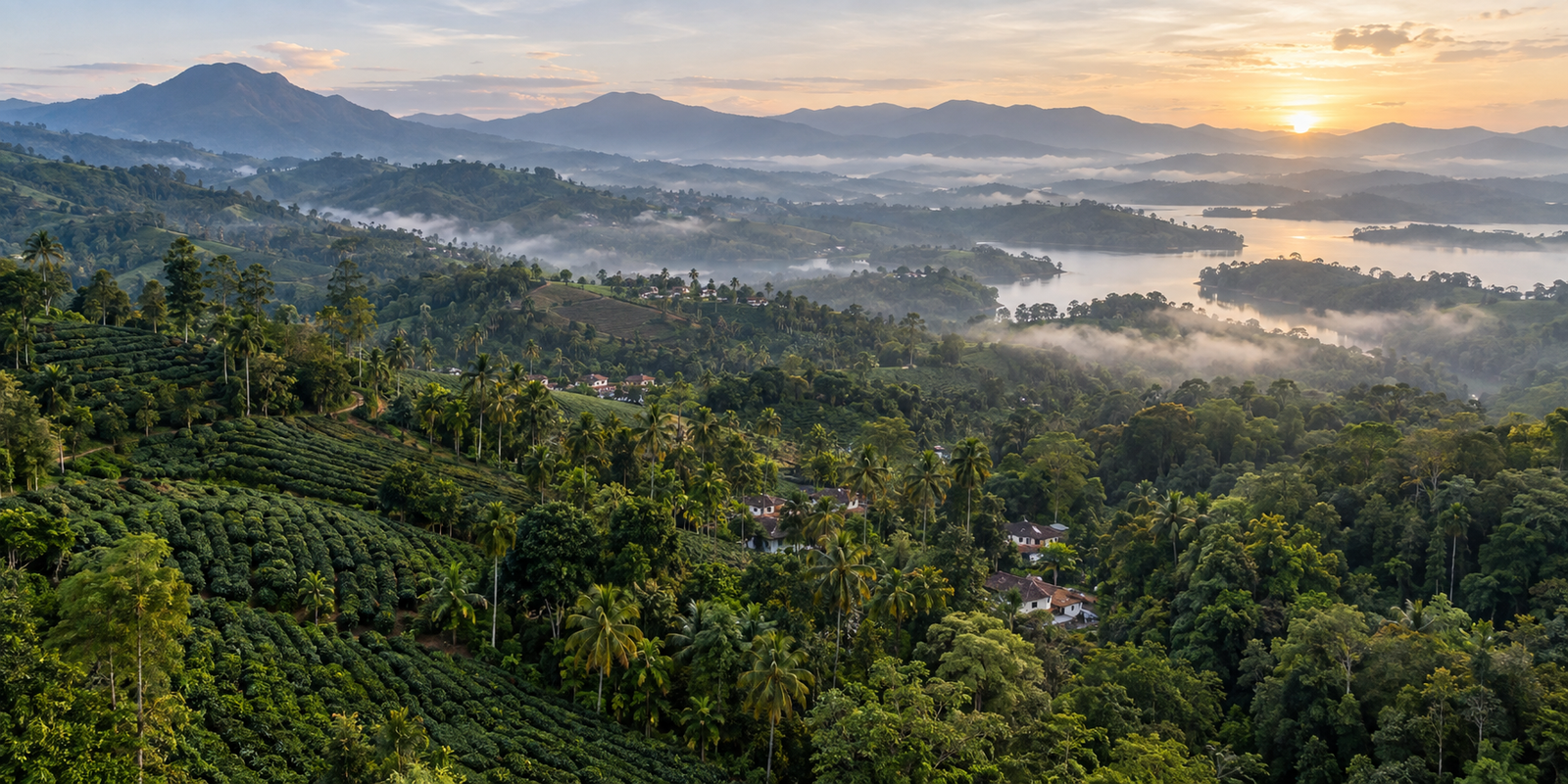 Misty green hills and plantations across Wayanad