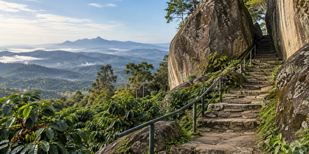 Illustration of the rocky hilltop trail to Edakkal Caves, Wayanad