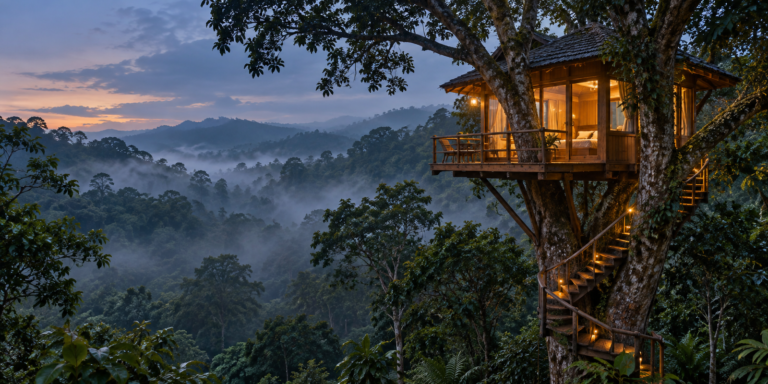 Wooden tree house in a rainforest tree in Wayanad