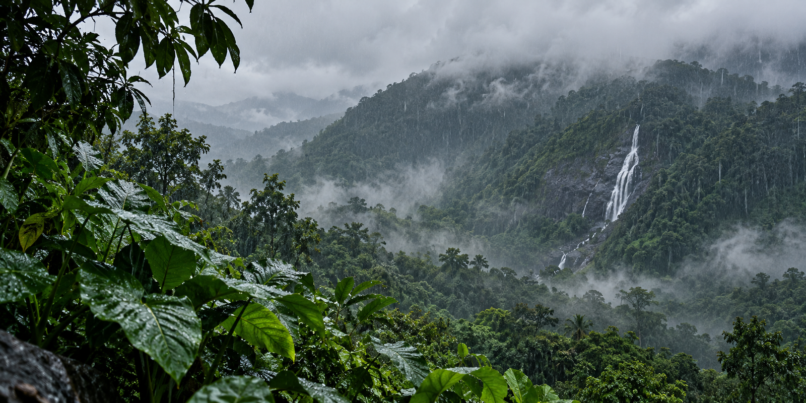 Monsoon rain and waterfall over green Wayanad hills